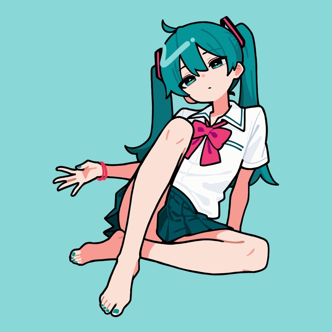 the image is a digital illustration of a cute anime girl with long teal twintails. she is wearing a white sailorstyle school uniform with a teal pleated skirt and a pink bow tie. she is sitting with her legs crossed, and her bare feet are visible. the background is a light blue color. the art style is reminiscent of manga and cartoon styles, with flat, clean lines and bright colors. the overall mood is cheerful and lighthearted.