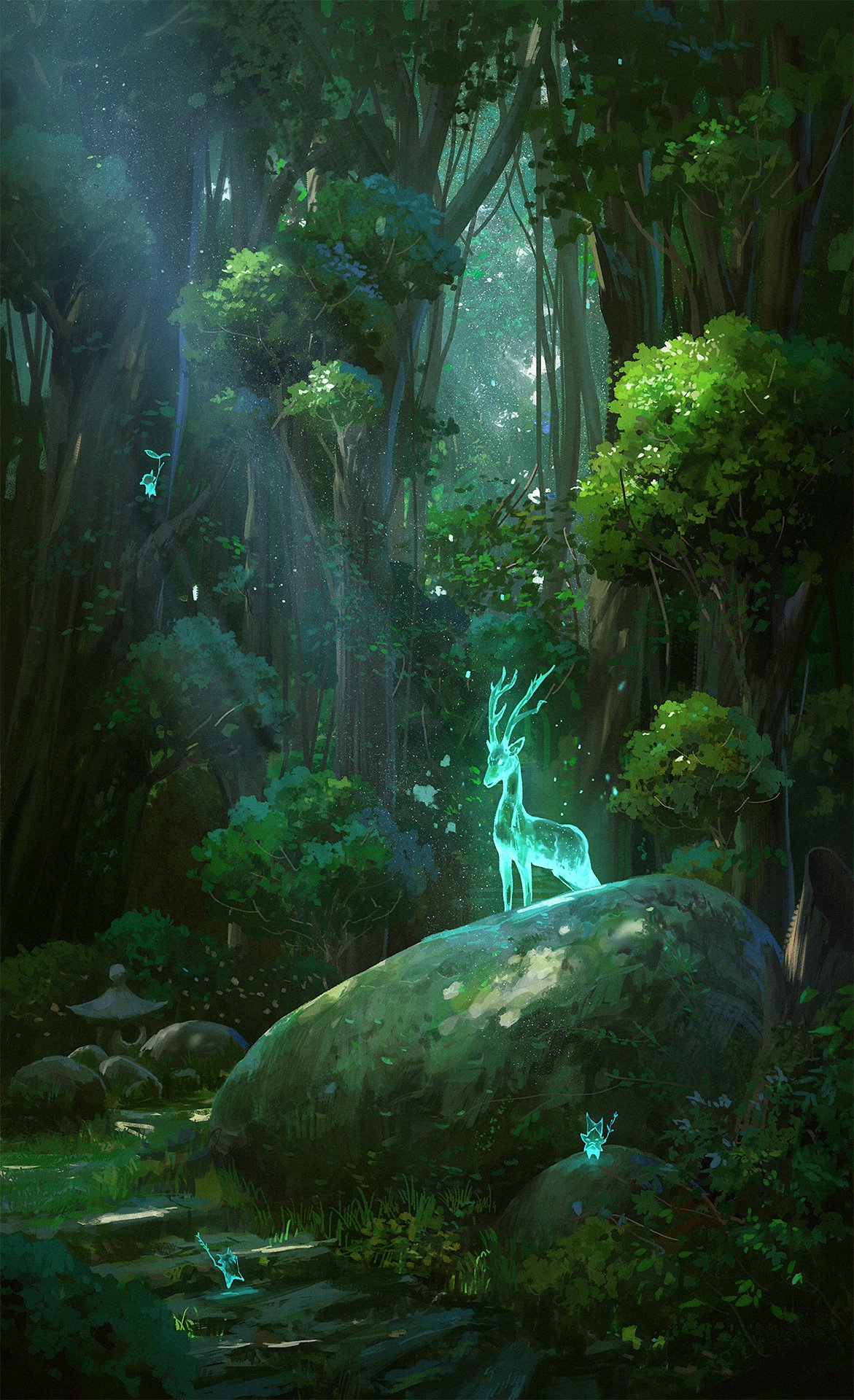 the image depicts an enchanting forest scene bathed in dappled sunlight. a translucent, glowing deer, seemingly a spirit of the woods, stands majestically atop a large mosscovered boulder. smaller glowing creatures, perhaps fireflies or spirits themselves, dance gently around it, illuminating the lush green foliage. stone steps in the foreground hint at a path leading deeper into this magical woodland. the overall atmosphere is one of peace, tranquility, and a touch of otherworldly wonder.