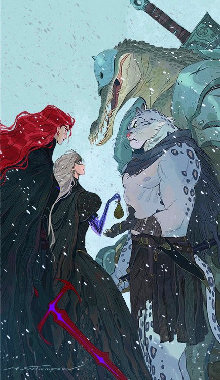 a fantasy illustration of three characters in a snowy scene. on the left is a woman with long red hair wearing a black robe and holding a sword. to her right is a woman with long, flowing white hair and a black dress. she is holding a purple staff and a small, white pouch. on the right is a large creature with grey skin and blue eyes. the creature is wearing a brown leather belt and holding a sword in its right hand. the creature's mouth is open, revealing a row of sharp teeth, and it appears to be snarling. there is a large, blue dragon in the background with a snowy backdrop.  the illustration depicts a battle or a tense moment between the characters.