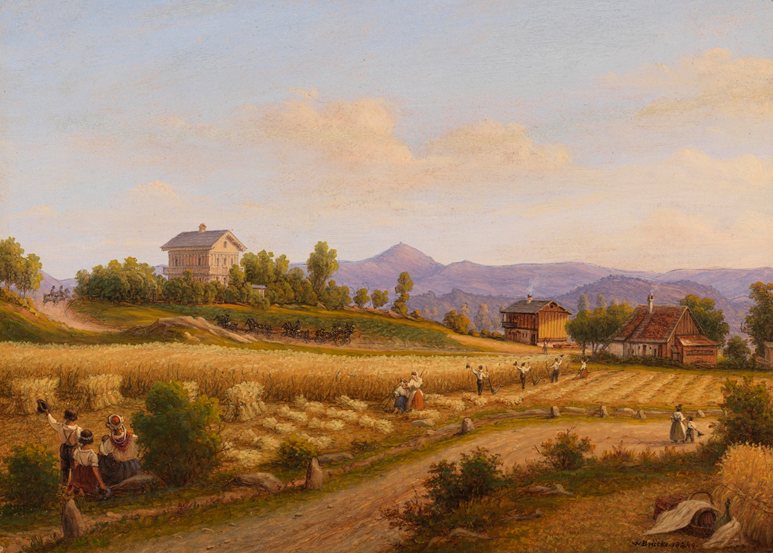 the image is a 19thcentury painting of a rural scene during harvest time. a large wheat field dominates the foreground, with farmers and peasants actively harvesting the crop. some workers are cutting the wheat, while others are bundling it into haystacks. a group of people, possibly family members, are sitting near the edge of the field, one of them waving a hat. a dirt road winds through the field, leading towards several buildings including a grand house on a hill and a few farmhouses. in the distance, mountains and rolling hills are visible under a partly cloudy sky. a horsedrawn carriage is traveling along a road near the house on the hill. the overall scene depicts a bustling and idyllic countryside landscape.