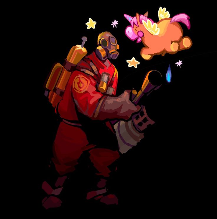 the image is a digital fanart piece depicting the pyro from the video game team fortress 2. the pyro is holding their flamethrower, which is emitting a small flame. a cute, cartoonish, light orange unicorn with pink hair and golden wings is floating near the pyro, surrounded by small, glowing stars. the style is whimsical and cartoonish, contrasting the darker, more gritty aesthetic typically associated with team fortress 2. the background is completely black, drawing focus to the brightly colored figures in the foreground. the overall mood is lighthearted and playful.