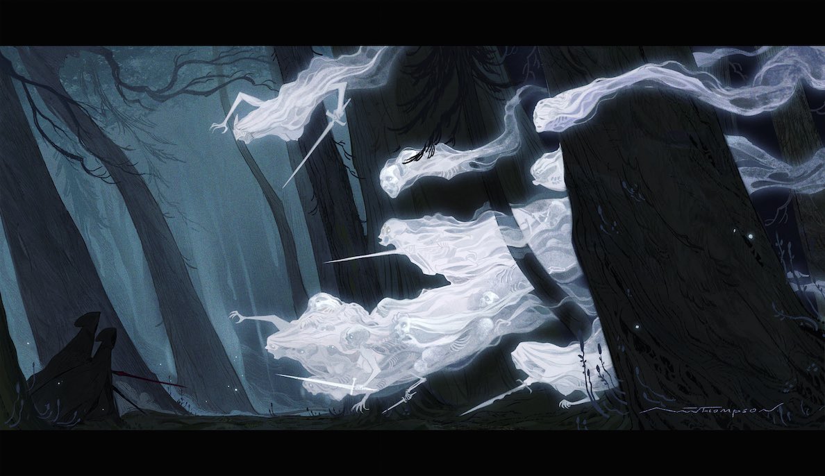 a dark, haunting scene in a forest. several spectral figures, resembling ghosts, float through the trees, their forms white and ethereal. the figures appear to be armed, with blades extending from their hands. the darkness of the forest creates a sense of mystery and danger. the overall tone of the image is eerie and unsettling.