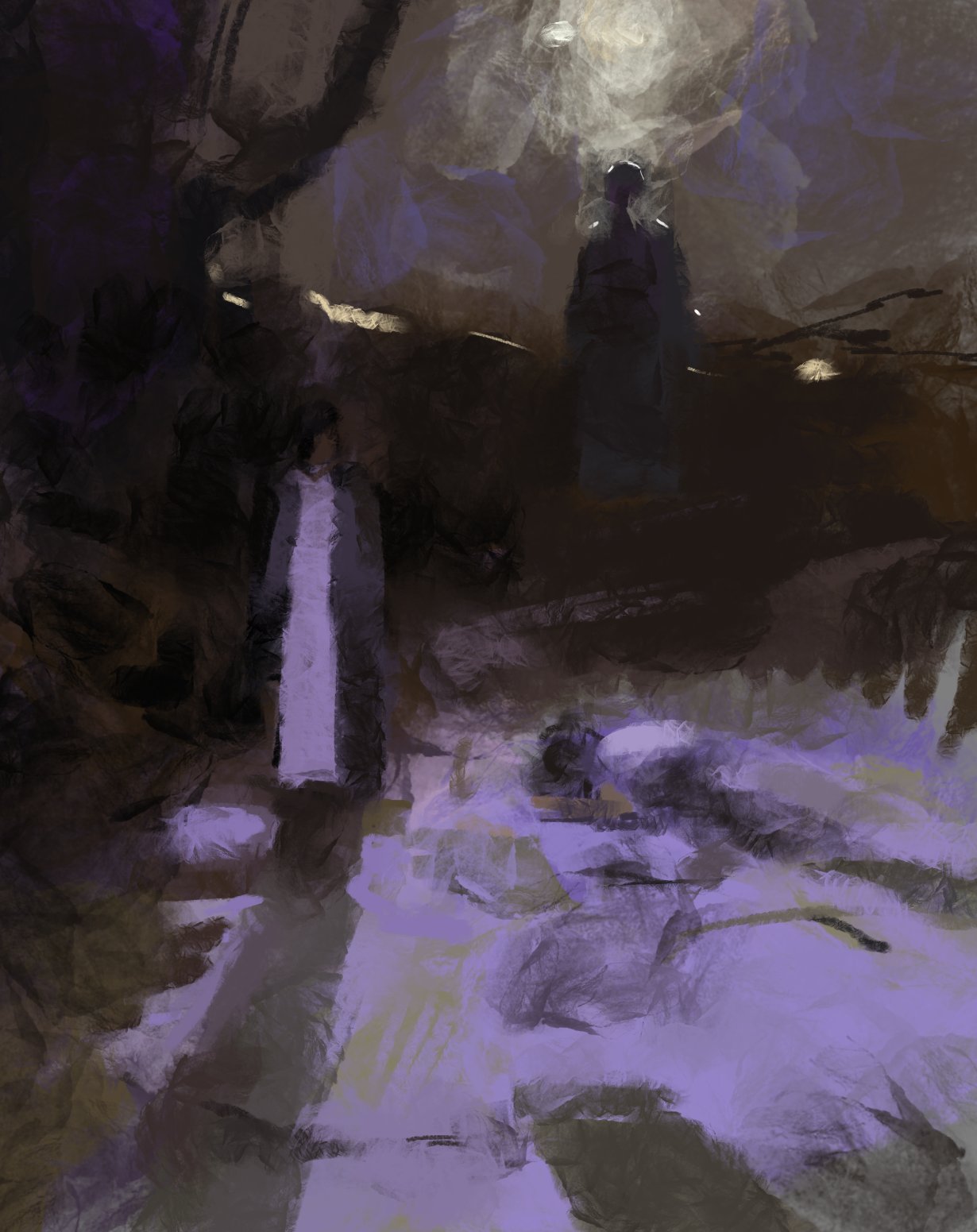 the painting depicts a scene of mystery and intrigue. the composition is dominated by a dark forest, with a few figures standing amidst the trees. the figures are depicted in silhouette, their features obscured by the darkness. the painting is characterized by its abstract style, with brushstrokes creating a sense of depth and texture. the use of light and shadow adds to the ethereal and dreamy atmosphere of the piece. the overall effect is one of mystery, leaving the viewer to speculate on the meaning behind the scene.