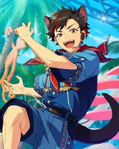 a digital illustration of an anime boy with short brown hair and vibrant red eyes. he has on cat ears and a matching tail, adding a playful element. he wears a summery outfit featuring a blue, white, and red color scheme, reminiscent of a scout uniform. a red bandana is tied around his neck. his expression is cheerful and energetic, with a wide grin. the background hints at a tropical setting with palm trees and a bright blue sky, adding to the overall lively and summery vibe.