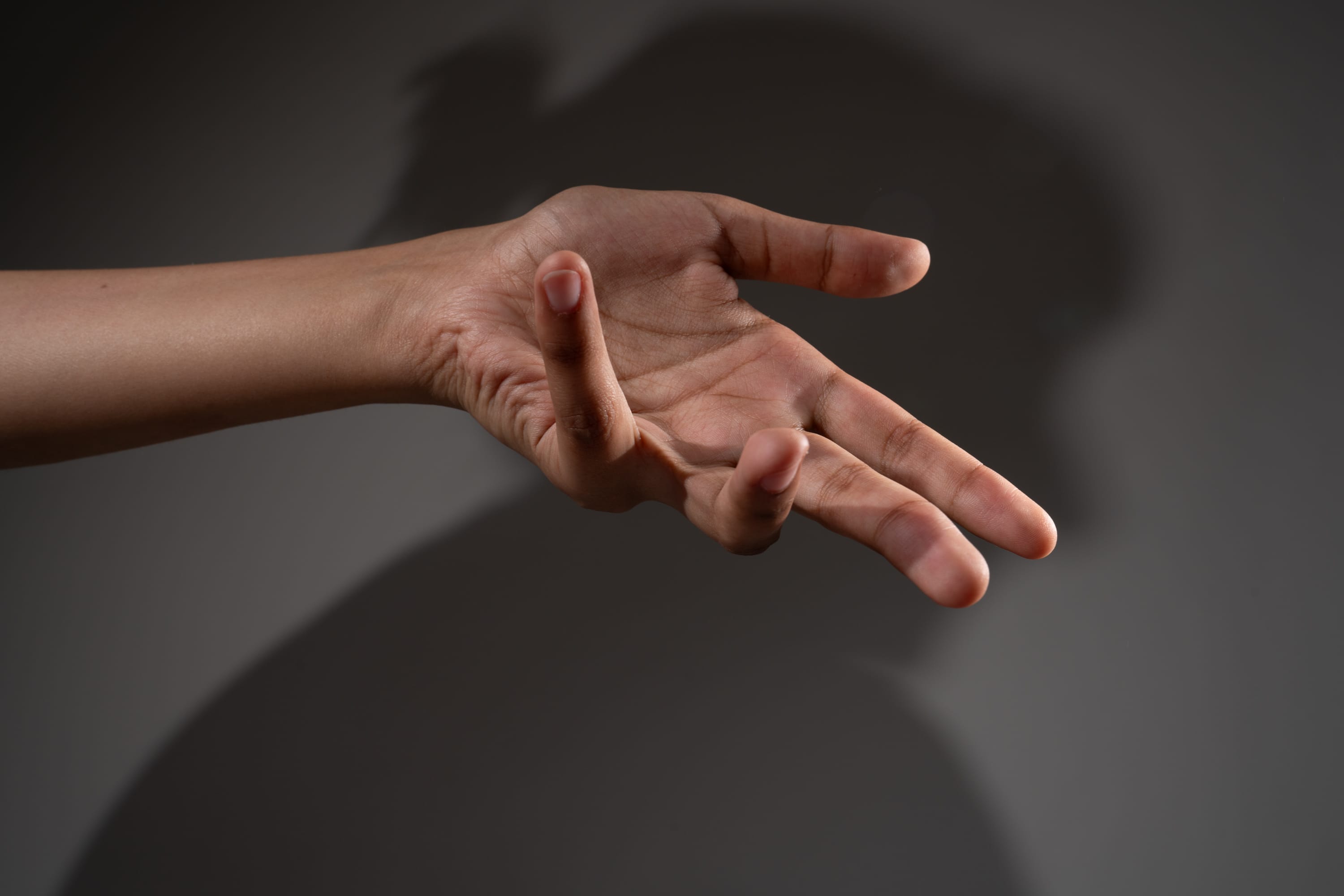 a single outstretched hand against a grey background, with a distinct shadow cast on the wall. the hand is open, with fingers slightly curled, suggesting a gesture of reaching or asking for something.