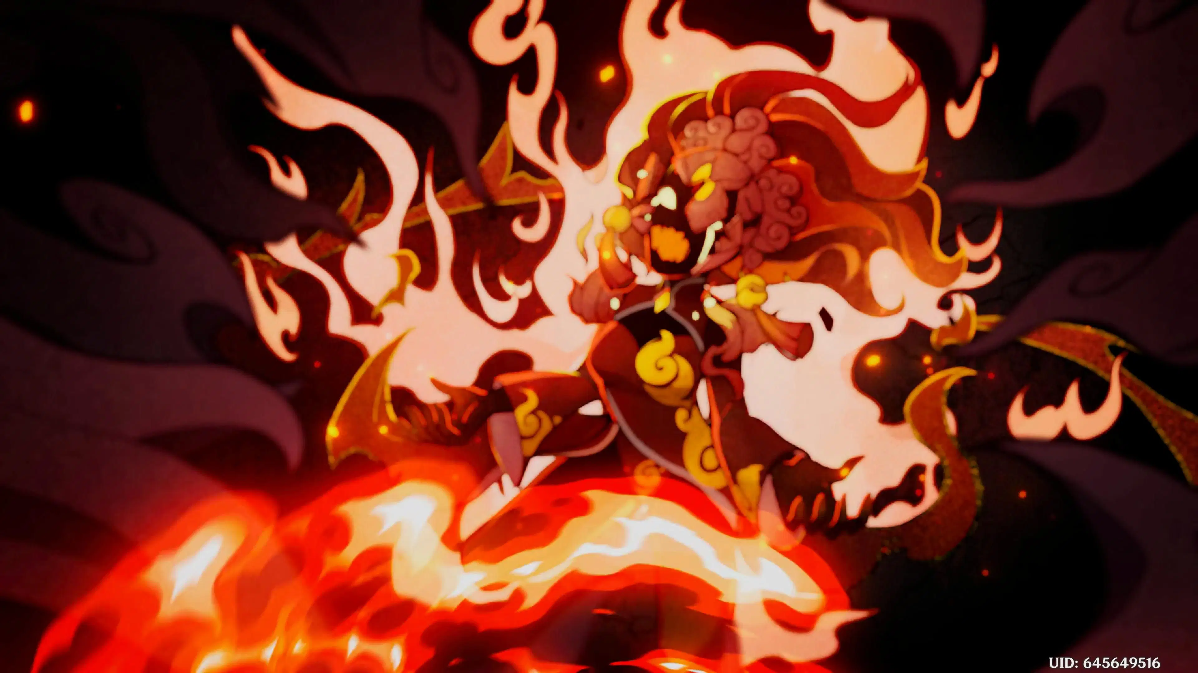 this is a digital illustration of a firebased character in a video game like genshin impact. the character is posed in a dynamic stance, and there are vibrant flames all around them. the background is dark with hints of purple, making the fire stand out even more. the character's hair is like fire, and the creature looks as if it is about to unleash its powerful fire attack.