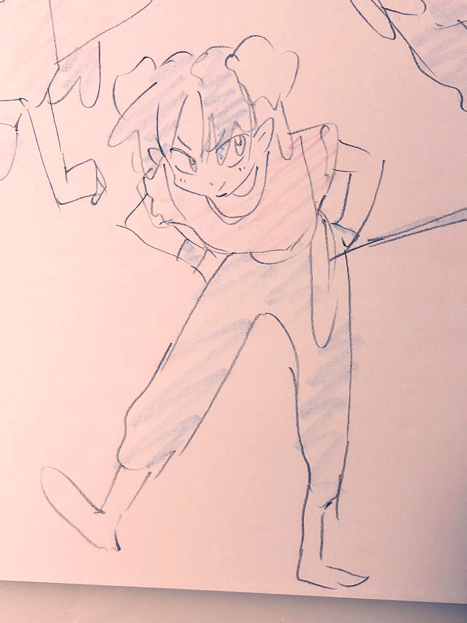 a whimsical cartoon character with exaggerated features strikes a playful pose. the character, drawn with simple lines and a limited color palette, exudes a sense of mischievous energy.  their wide grin and tilted head suggest a playful and slightly devious nature. the drawing style is loose and expressive, capturing movement and personality with just a few strokes.