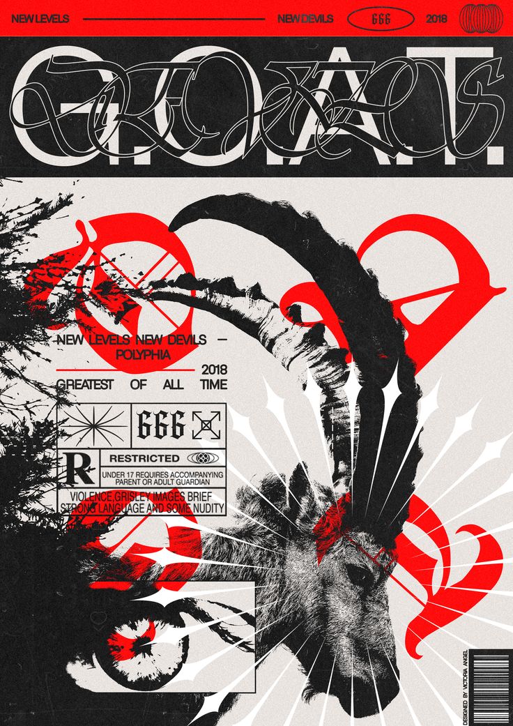 this is the album cover for the polyphia album "new levels new devils." the cover features a black and white goat with a red eye. the goat is surrounded by black and white lines that create a starburst effect. the words "new levels new devils" and "goat" are written in bold, black letters at the top and bottom of the image, respectively. the year "2018" and the number "666" are also written in bold letters. the album cover also includes an rrated warning, indicating that the album contains violence, gore, imagery, brief strong language and some nudity.