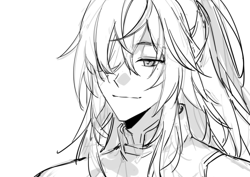 this is a digital drawing of a woman with long white hair. she is looking at the viewer with a subtle smile. the drawing is done in a simple, minimalist style with black lines on a white background. the woman's hair flows down her back and covers much of the drawing. only her face and part of her neck and collar are visible. the drawing is done in a simple, minimalist style, with black lines on a white background.