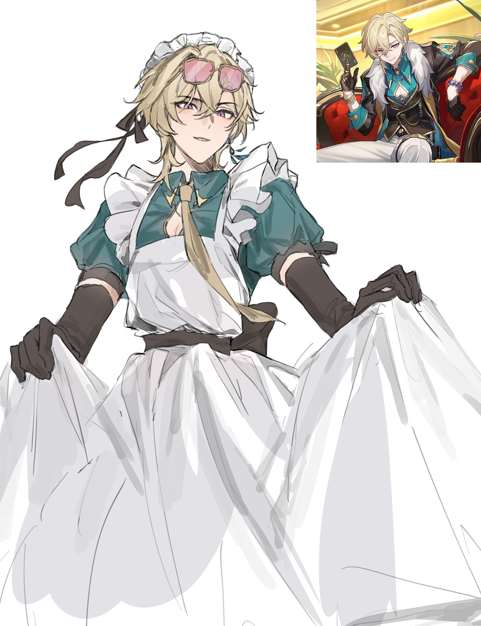 a blondehaired anime character is dressed in a maid outfit. he is wearing a white dress, black gloves, and a green maid apron. he has a smile on his face and is holding the dress up. he has a pair of pink glasses on his head. in the top right corner is a smaller image of the same character wearing a suit and a white shirt.
