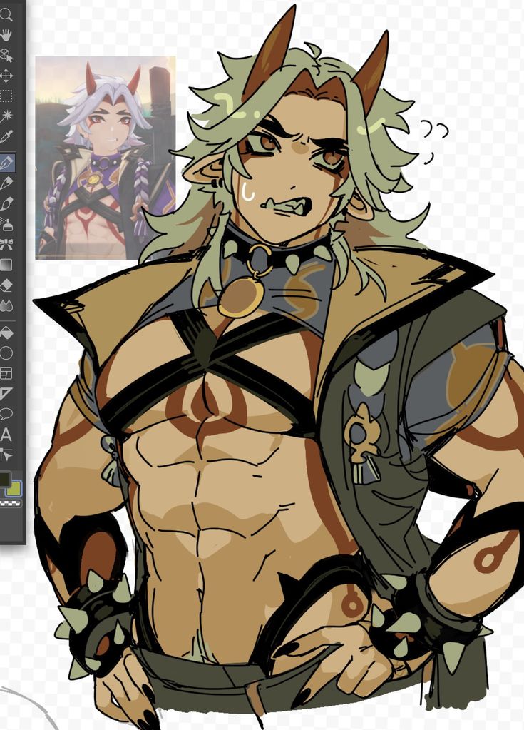 the image is a digital drawing showing a workinprogress of a muscular male character in an anime/manga style.  the character is an onilike figure with green hair, horns, and tan skin. he's wearing a chest harness and spiked gauntlets. his pose is confident and slightly aggressive. a smaller reference image of a different character (presumably a female character) is visible in the upper left corner, suggesting the artist is using it as a reference or inspiration. the image also shows the artist's graphic tablet and drawing software interface, indicating a digital painting process. the overall style is a blend of sharp lines and softer shading, suggesting a digitally painted or drawn image.  there are question marks near the character's head possibly indicating the artist's uncertainty about a certain aspect of the design.