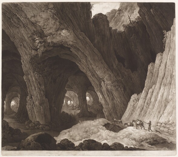 the image shows a vast landscape with large cave openings formed by tall, rock formations. the cave openings create a series of archways leading into the distance. a river flows through the foreground, with a man and horses walking alongside it. the scene is set against a backdrop of mountains and clouds, giving a sense of scale and grandeur.