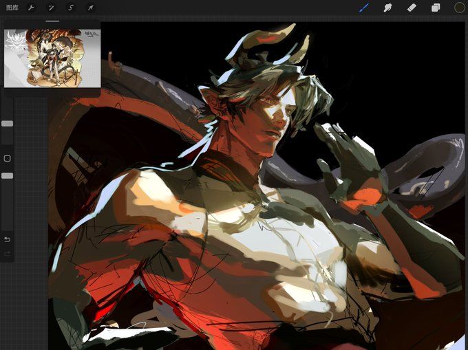 the image showcases a digital painting of a muscular male character with horns. the art style is dynamic and expressive, using a blend of red, orange, and dark tones.  the character is depicted in a powerful pose, with his arms partially obscuring his body. the background is dark, allowing the character to stand out.  a smaller image in the top left corner shows a different piece of art, suggesting this is a work in progress on a digital art program like procreate.  the overall style is reminiscent of fantasy art or concept art.