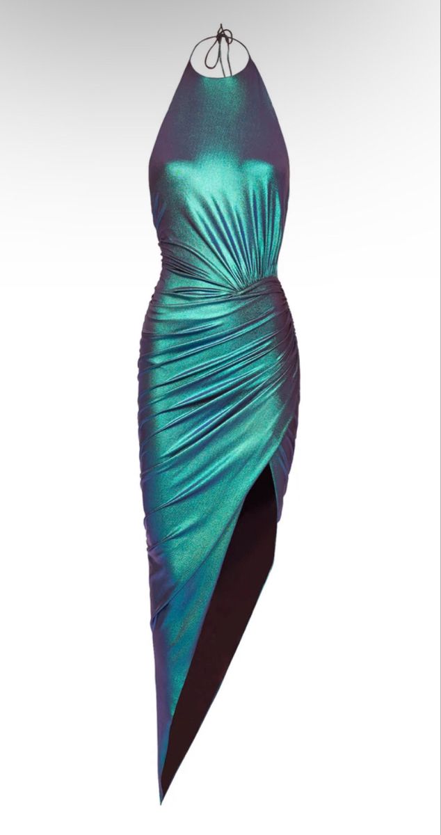 a turquoise and purple iridescent halterneck dress with a draped bodice, asymmetrical hemline, and a thighhigh slit is displayed against a white background.