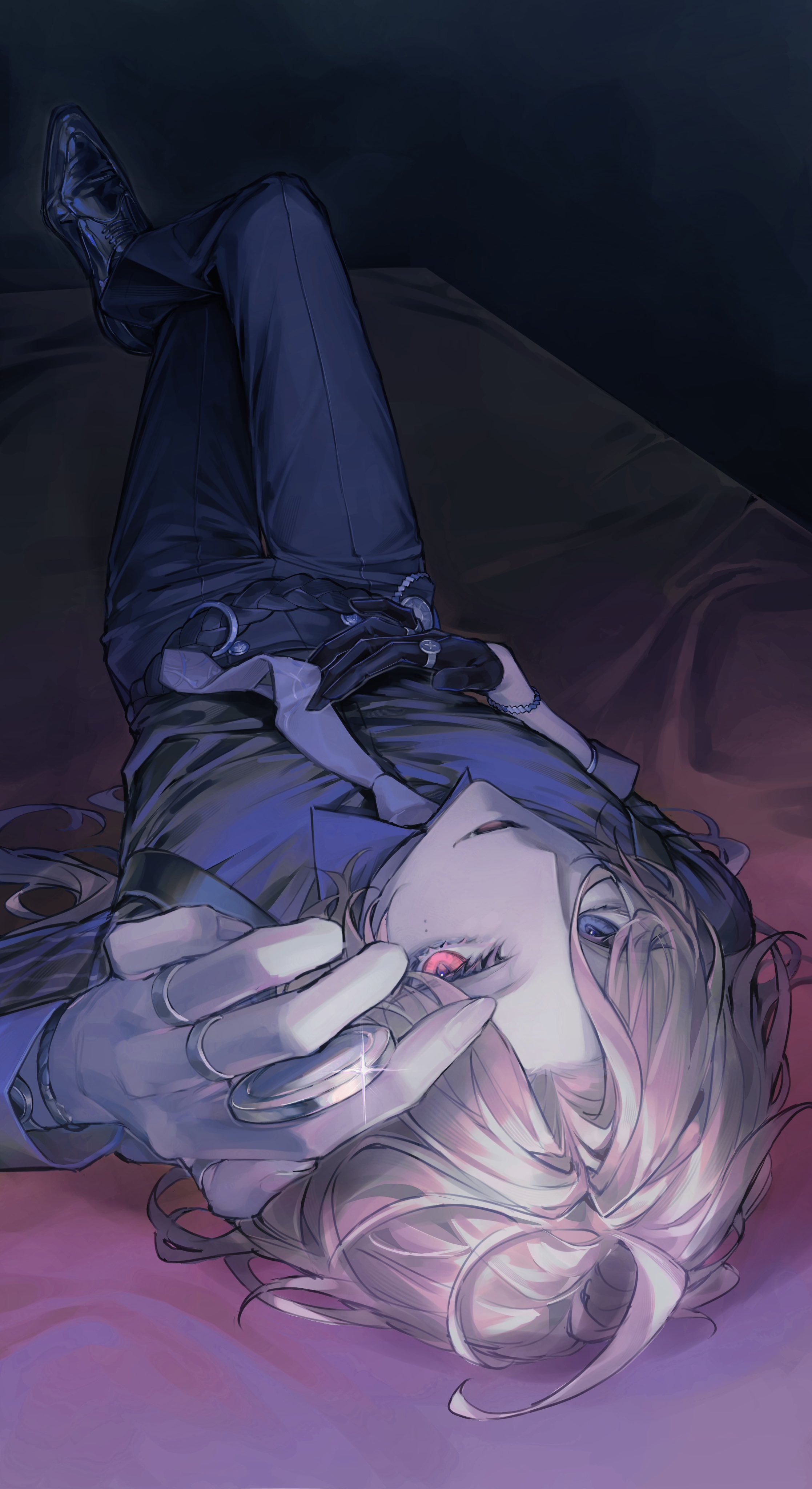 a full body animestyle drawing of a male character with silver hair, red eyes, and wearing a suit. he is laying down, looking up. he has rings on his fingers.
