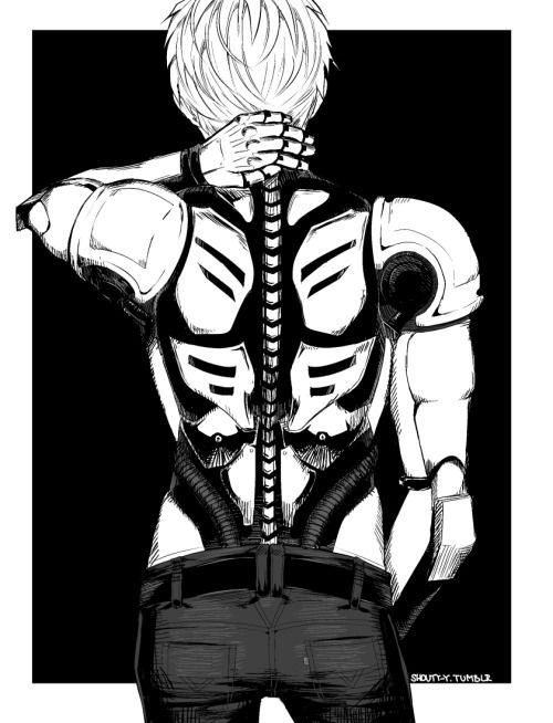 the image is a black and white drawing of an animestyle cyborg boy. he is seen from behind, with his hands clasped behind his neck. his back is detailed with mechanical parts and wiring, suggesting a futuristic, robotic aspect to his body. he's wearing dark pants, and his hair is styled in a short, spiky manner. the overall style is reminiscent of manga and anime artwork. the background is a stark black, making the figure stand out prominently.