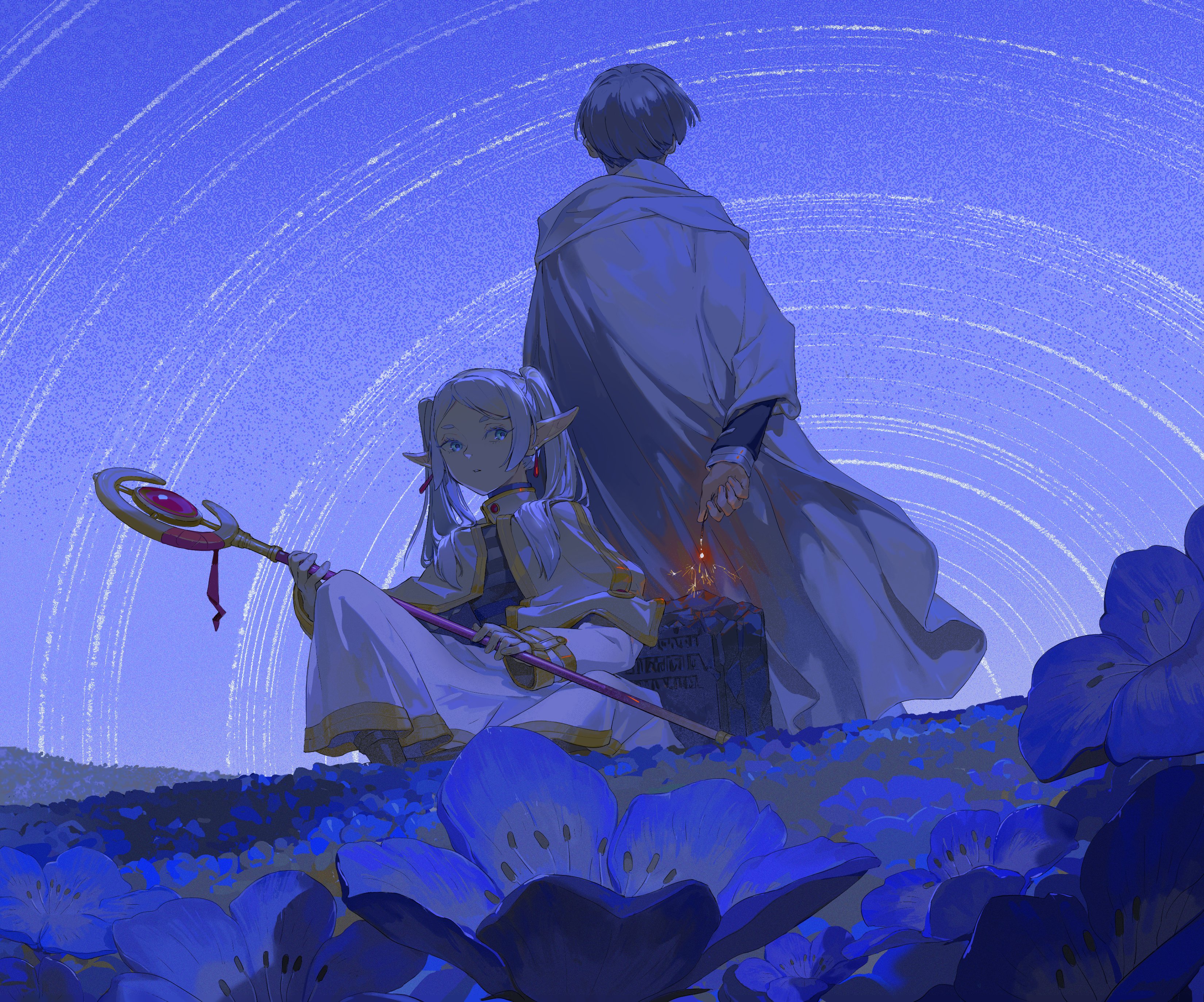 a mage and an elf are sitting amongst a field of blue flowers at night. the mage, with his back turned to us, is lighting a fire atop a small stone structure. the female elf sits beside him holding a staff, her chin resting upon her hand.  they are gazing upon a vibrant night sky filled with streaks of stars.