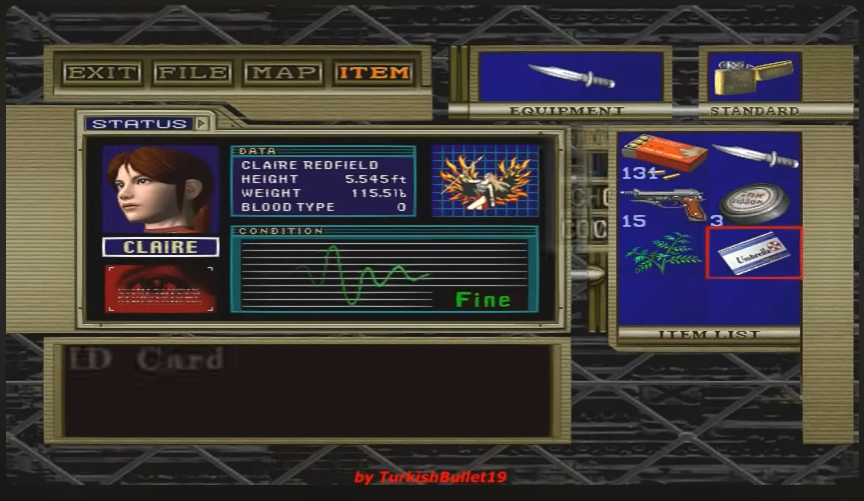 the image is a screenshot from the video game resident evil 2, showing the inventory screen for the character claire redfield. the screen displays claire's character status, including her name, height, weight, blood type, and current health condition, which is "fine." the inventory is divided into two sections: "equipment" and "standard." the equipment section shows a knife and a lighter. the standard section displays the amount of ammunition for a handgun (13/15), a green herb (3), and a first aid spray.  the image also features the text "by turkishballet19" at the bottom.