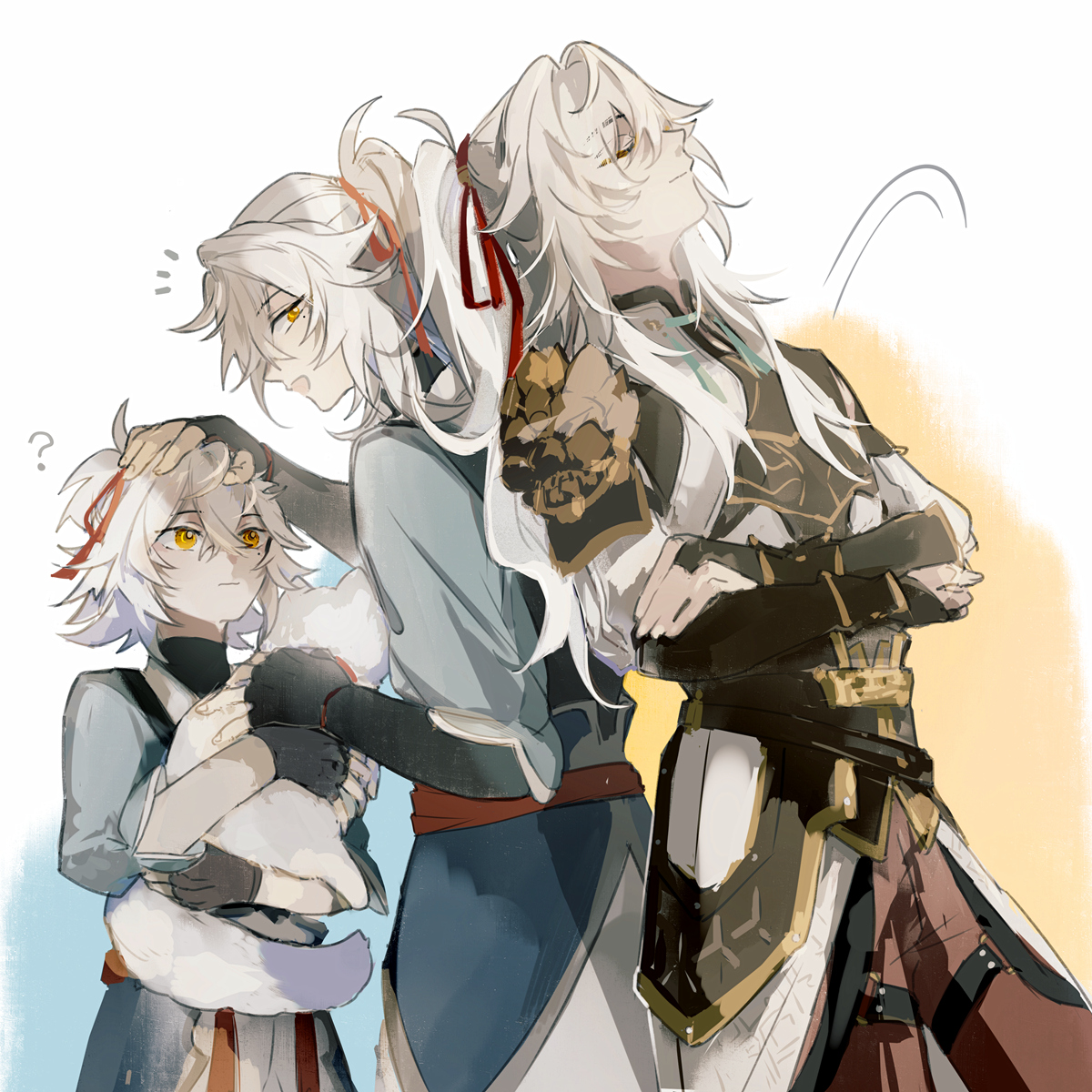 this image depicts three anime characters, two of whom have white hair. the character on the left appears to be holding a small furry animal.  they all appear to be smiling and are drawn in a highly detailed and intricate style. the art uses soft color palettes to create a soft, whimsical feel.  the image appears to be a fan art or drawing of a character or characters from a popular anime.
