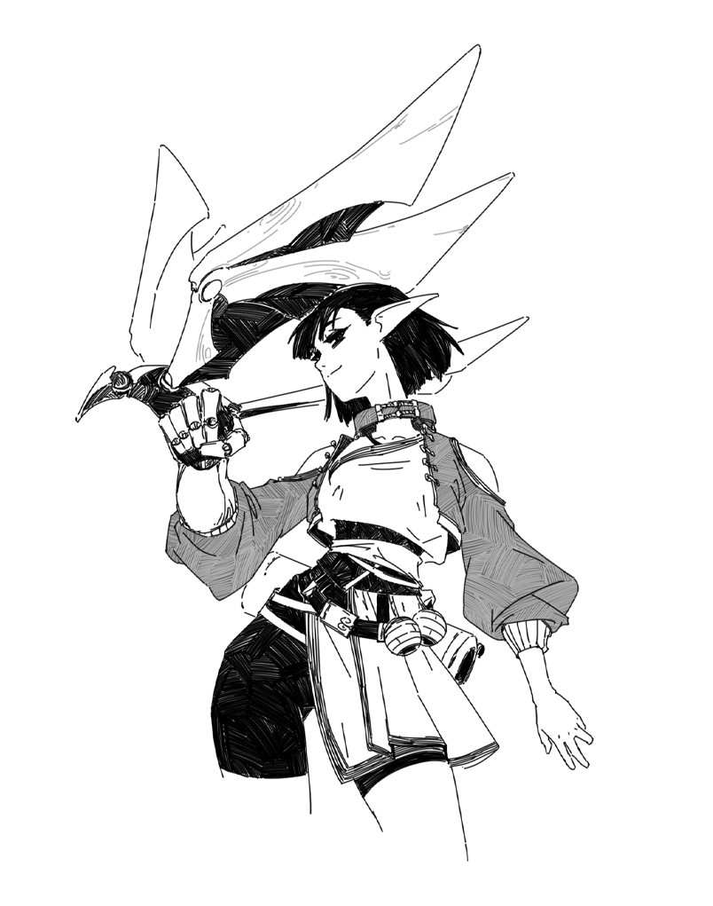 the image is a dynamic black and white illustration, possibly anime or mangainspired, depicting a female elflike character. she possesses pointed ears and is dressed in a futuristic yet fantasyinfluenced outfit.  she holds a large, angular weapon reminiscent of a futuristic bow or energy weapon. the art style is detailed and uses hatching to create shading and texture. the character's pose is confident and actionoriented. the overall style suggests a blend of scifi and fantasy elements.