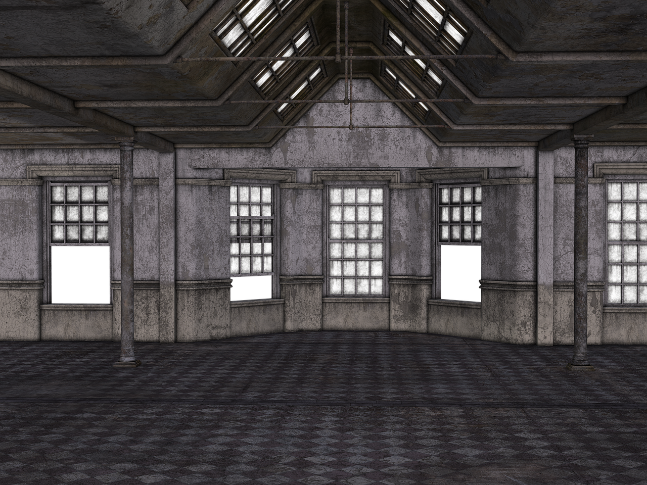 an abandoned interior with five windows, two of which are open, set in a crumbling, grungetextured wall with pillars. the floor is checkered, and the overall scene conveys decay and a sense of being old.