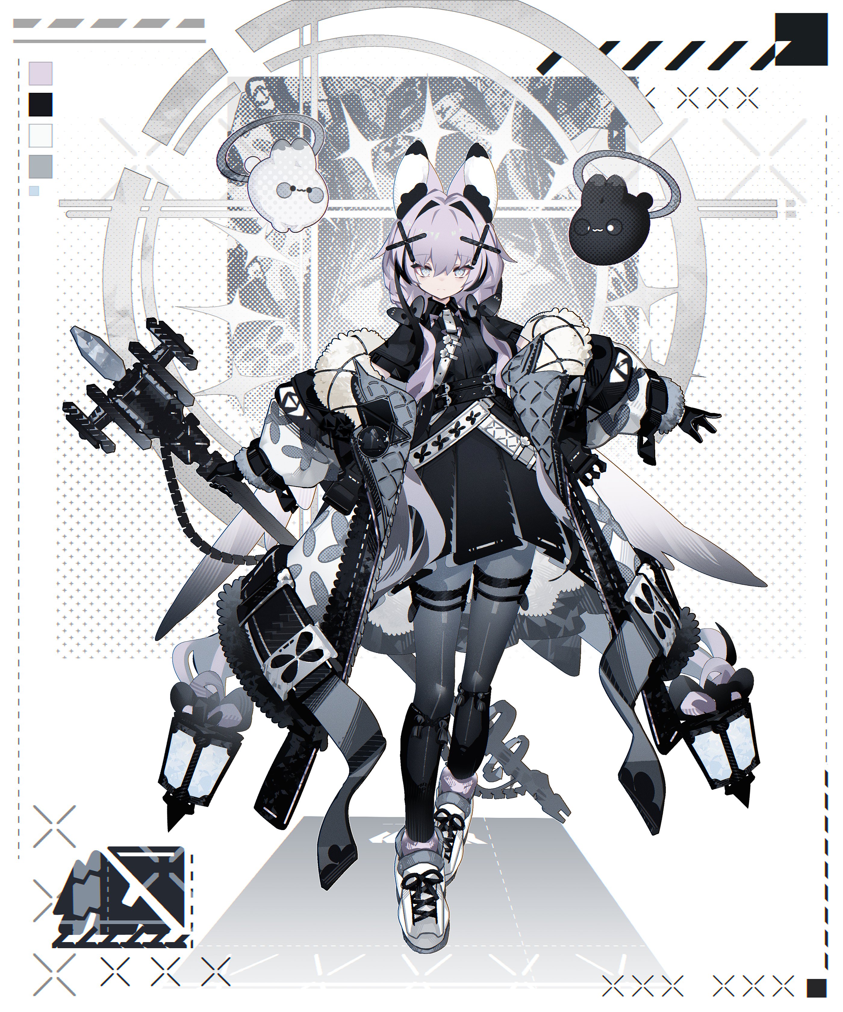 the image features a female anime character with long purple hair and wolf ears, standing in an indoor environment. she wears a black and white outfit with intricate details, including a fluffy jacket and a short skirt. the character is armed with a large, ornate weapon resembling a cannon or a gun, held in her right hand. the background is primarily white with black and gray geometric patterns, giving it a modern and futuristic feel.  the image appears to be promotional art or character design for a video game or anime series.