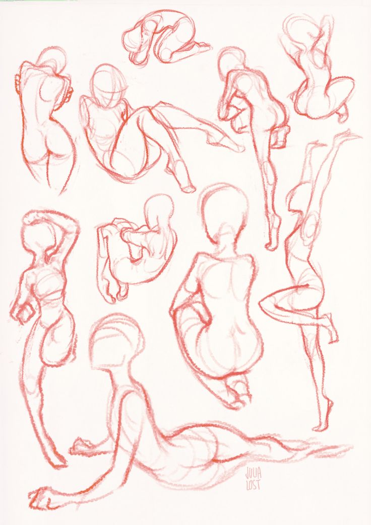 the image is a collection of gesture drawings of a female figure in various poses. the drawings are done in a loose and expressive style, with a focus on capturing the overall movement and flow of the body rather than on anatomical detail. the lines are fluid and energetic, and the artist has used a variety of line weights to create a sense of depth and dimension.