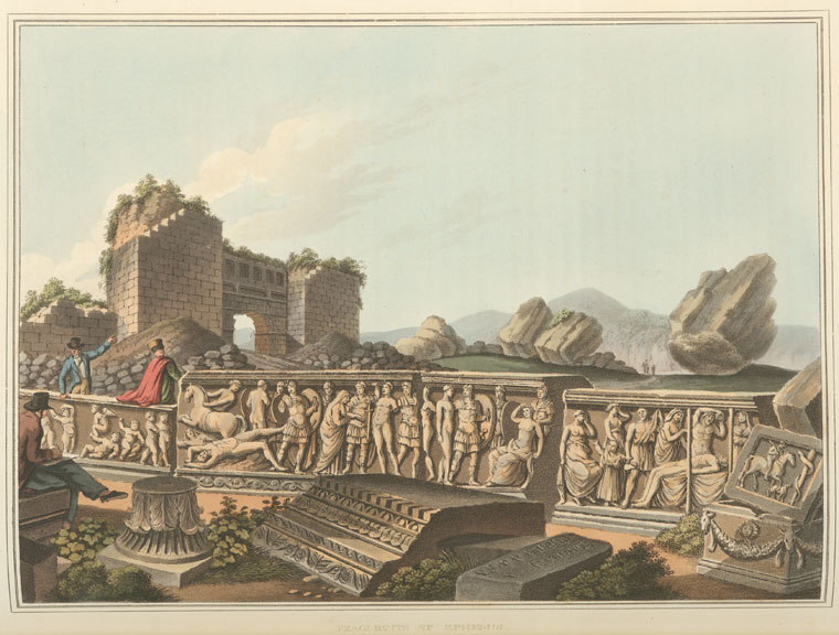 the image is a painting depicting ruins in an antique setting. in the foreground, several sculpted stone basrelief panels showcase classical figures and scenes. a man sits observing, while another man in a red cape stands nearby, gesturing. behind them are the remains of a stone wall with an archway. the background features a landscape with large boulders and hills under a sky with clouds. overall, the artwork conveys a sense of historical grandeur and the passage of time, with a focus on the interaction between human figures and their environment amidst the decaying structures of the past.