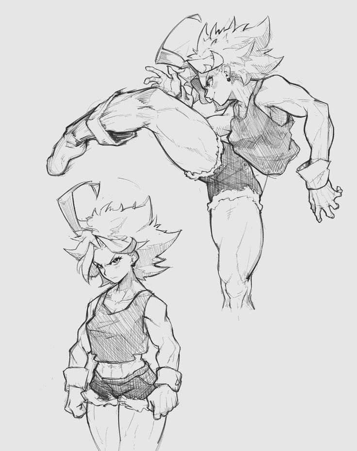 the image contains two pencil sketches of a muscular female character, possibly inspired by anime or manga styles.  the top sketch shows her midkick, dynamic and powerful, her leg extended high. the lower sketch shows her in a more static pose, though still suggesting strength and athleticism. both sketches focus on detailed musculature and a strong, confident posture.  the style is loose and expressive, characteristic of concept art or character design sketches.