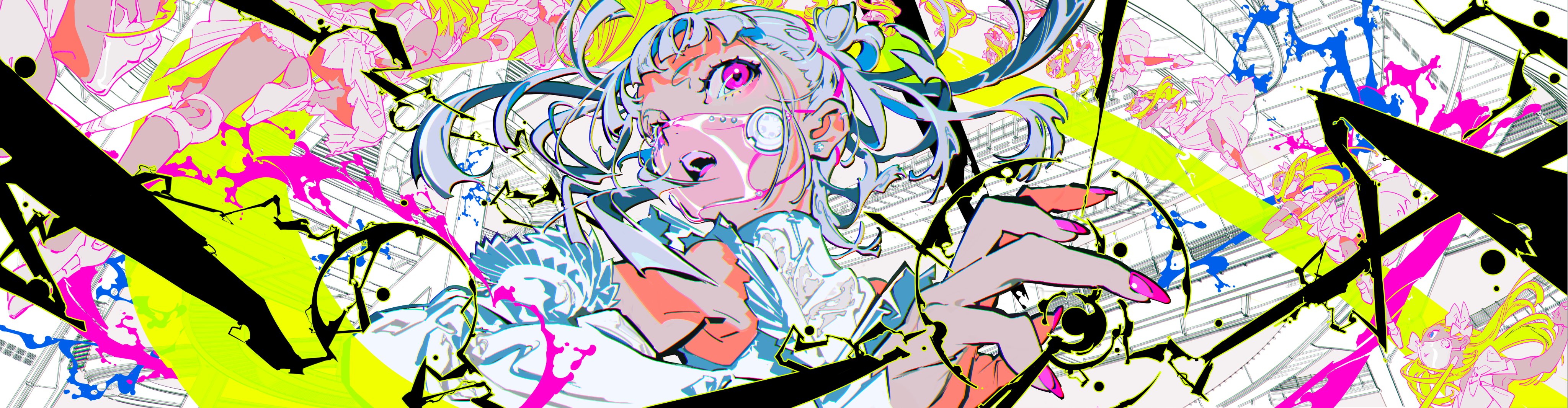 an animestyle illustration of a girl with white hair and pink highlights. she has a bandage on her cheek. she is surrounded by abstract, colorful shapes and lines, creating a sense of energy and movement. the background is primarily yellow.