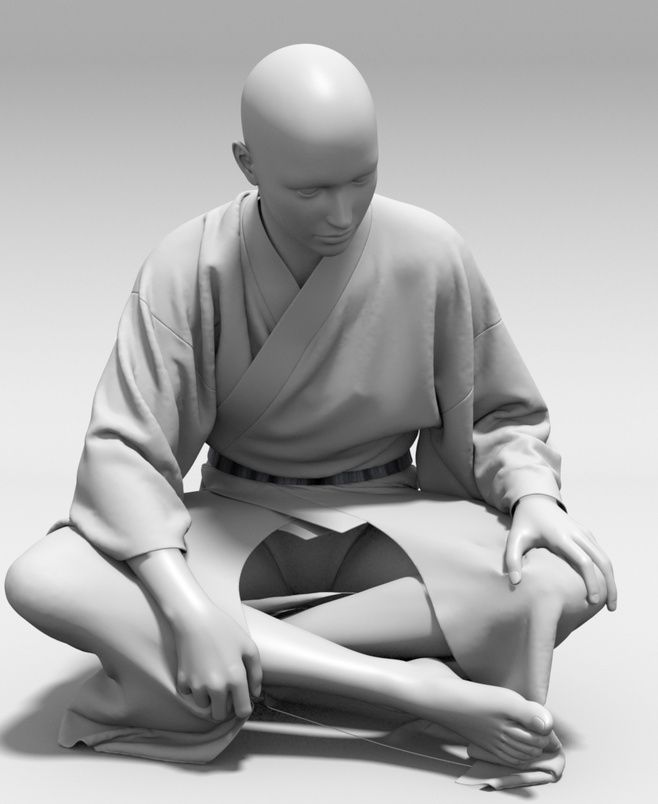 a white 3d model of a man, sitting with his legs crossed. the man is wearing a simple white robe and is looking down at his feet. the background is also white, and the image is very minimalist.  the man is sitting in a serene pose, with his arms resting on his legs.  he appears to be meditating or in a state of deep thought.
