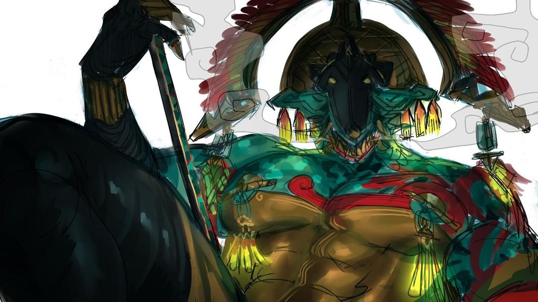 the image is a digital sketch or concept art of a powerful, muscular figure, likely a deity or warrior inspired by mesoamerican cultures like the aztec or maya.  he is adorned with elaborate headdresses, jewelry, and body paint, suggesting a high rank and possibly a connection to nature or animals.  his expression is hidden behind a fearsome jaguarlike mask. the pose is confident and almost relaxed, suggesting power and authority. the color palette leans towards earthy tones with pops of vibrant green and gold.