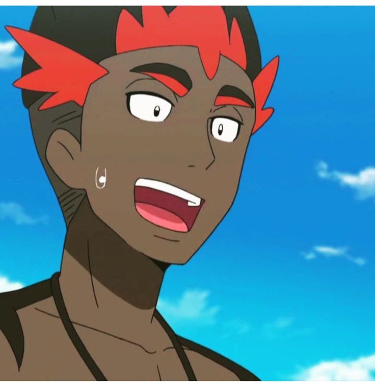 a cartoon image of a young male anime character with black skin and red hair smiling and looking to the right side of the image. the background is a blue sky with white clouds.