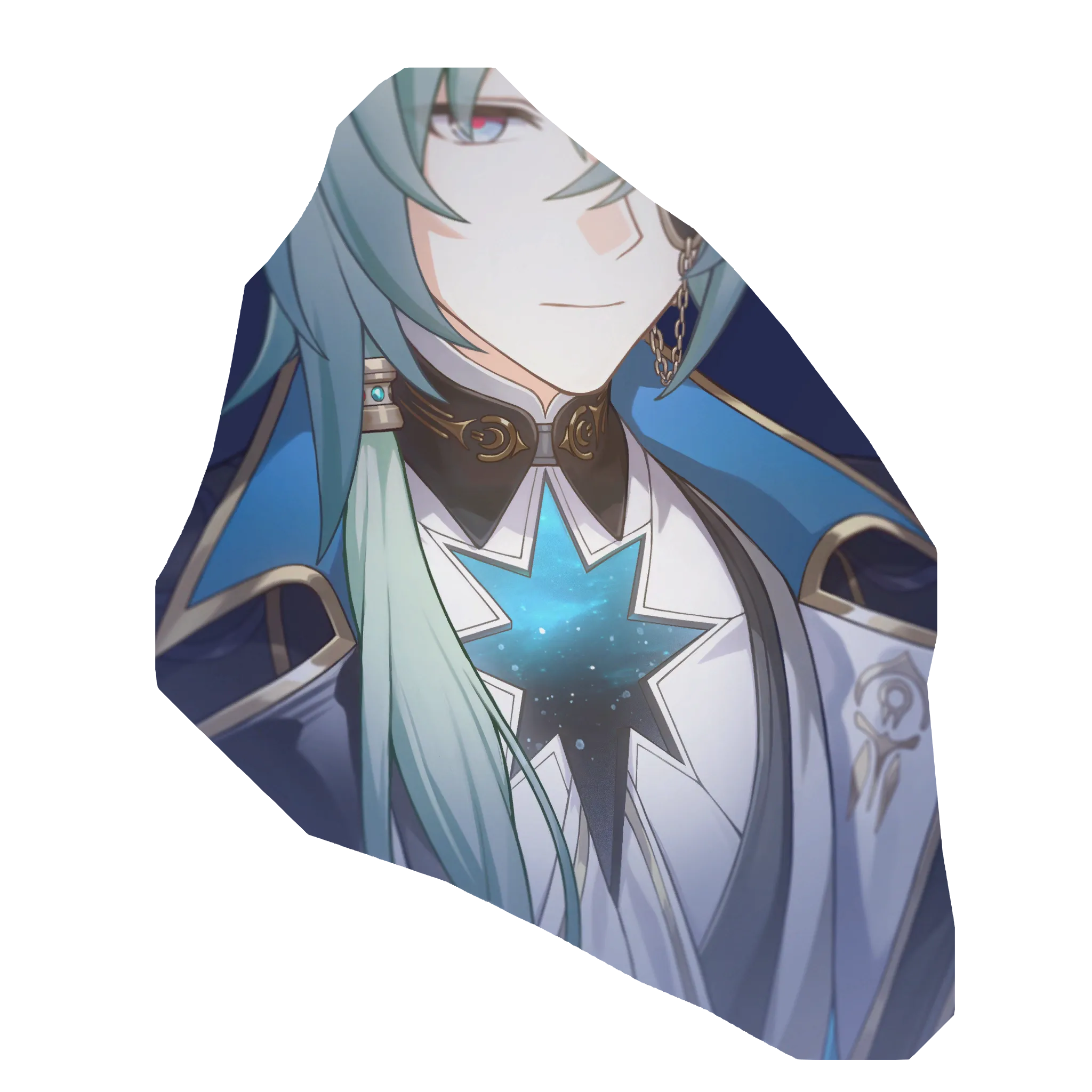 the image shows an anime boy with blue hair and red eyes. he has an earring and is wearing white clothing with a star design.