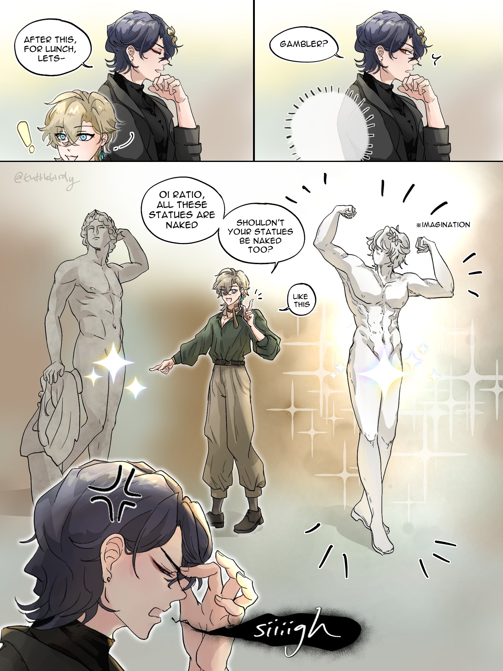 he image is a fourpanel comic strip in an anime style. it depicts a humorous interaction between two male characters in front of classical nude statues at what appears to be an art museum. the first panel shows one of the characters suggesting they go to lunch. the second panel shows a closeup of the second character, seemingly contemplating something. the third panel introduces the discussion about the nudity of the statues, with one character suggesting that the second character’s statues should also be nude, and the other character showing a reaction.  the fourth panel shows one character expressing their annoyance and frustration. the overall style is lighthearted and playful, with expressive character designs and vibrant colors.  the comic uses text bubbles to convey dialogue.