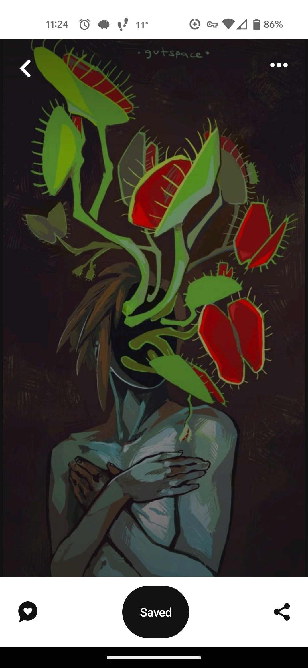 a digital illustration showing a human figure covered in red and green flora. the body is naked and only the arms are visible. the arms are crossed over the chest and the hands are clasped together. the flora covers the face and parts of the body. the illustration is dark with a background of black and gray.