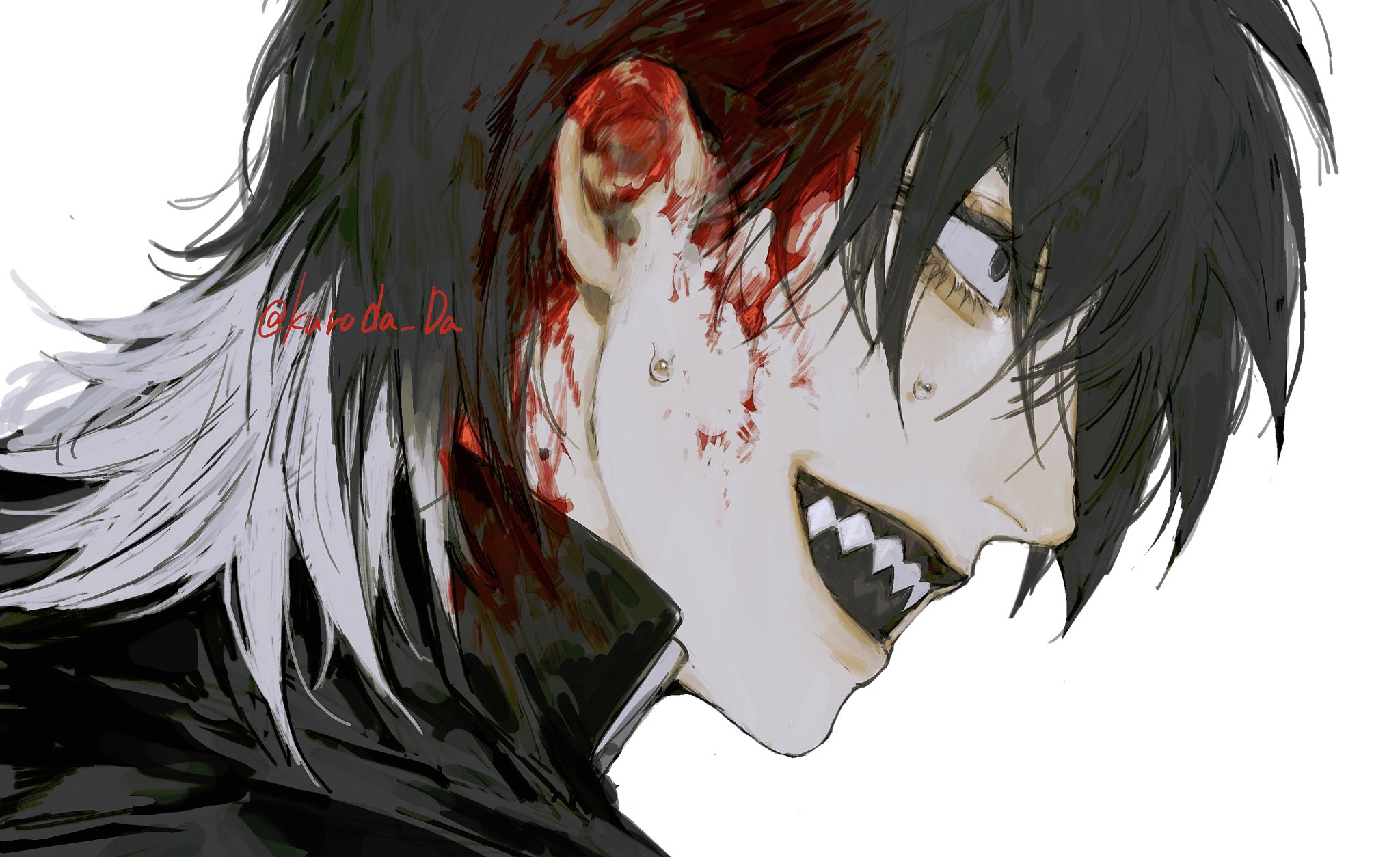 a digital illustration, likely in an anime or manga style, depicting a young man with sharp teeth and a menacing expression. he has black and white hair and is wearing a dark collared shirt.  there is a significant amount of blood on the side of his face and ear, suggesting injury or violence. the closeup perspective and the subject's intense gaze create a sense of unease.