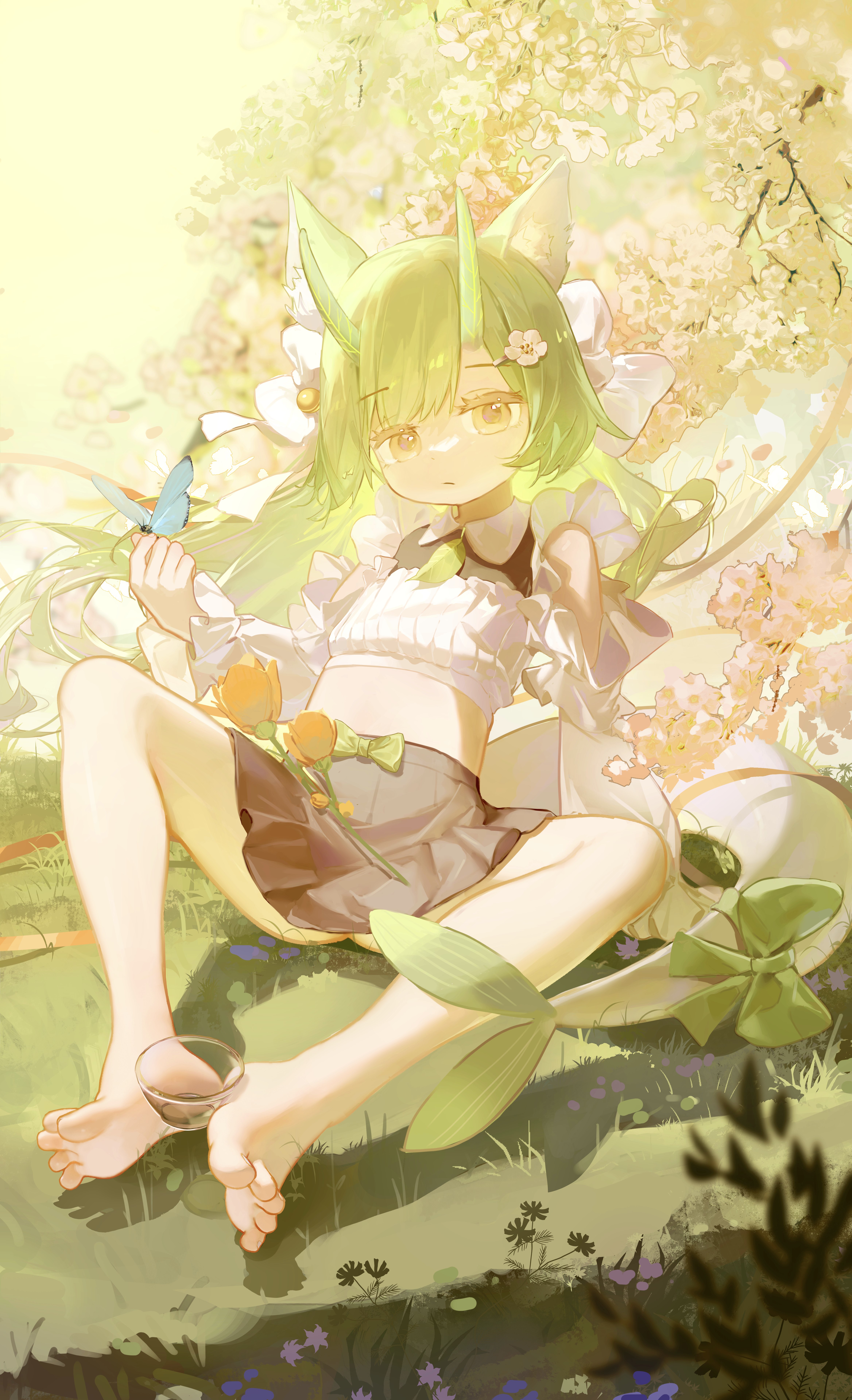 the image is a digital illustration of a cute anime girl with long green hair, cat ears, and small horns. she is sitting outdoors in a sunlit area surrounded by blooming flowers, which appear to be cherry blossoms. she's wearing a pastelcolored outfit that includes a short skirt and a crop top. a small blue butterfly is perched on her hand. her expression is serene and peaceful. the overall style is soft, pastel, and whimsical, creating a dreamy and enchanting atmosphere. the art style is detailed and meticulously rendered, with a focus on soft lighting and subtle shading.
