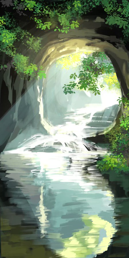 a lush forest scene with a mossy cave opening to reveal a flowing waterfall and a serene stream.  sunlight peeks through the trees, creating a sense of wonder and tranquility.  the green foliage creates a lush and vibrant backdrop, inviting the viewer to explore further into this hidden paradise.