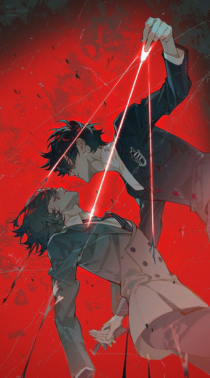 the image is a striking piece of fanart depicting two characters who strongly resemble joker and ryuji sakamoto from the video game persona 5.  they are rendered in a dynamic, almost violent pose, connected by thin, glowing red lines suggesting puppet strings. the background is a textured, crimson red, adding to the dramatic and intense mood. the characters' expressions and body language convey a sense of power struggle or manipulation, highlighting a complex relationship between them. the style is distinctly anime or mangainspired, with sharp lines and exaggerated features. the overall effect is a powerful and emotionally charged image.