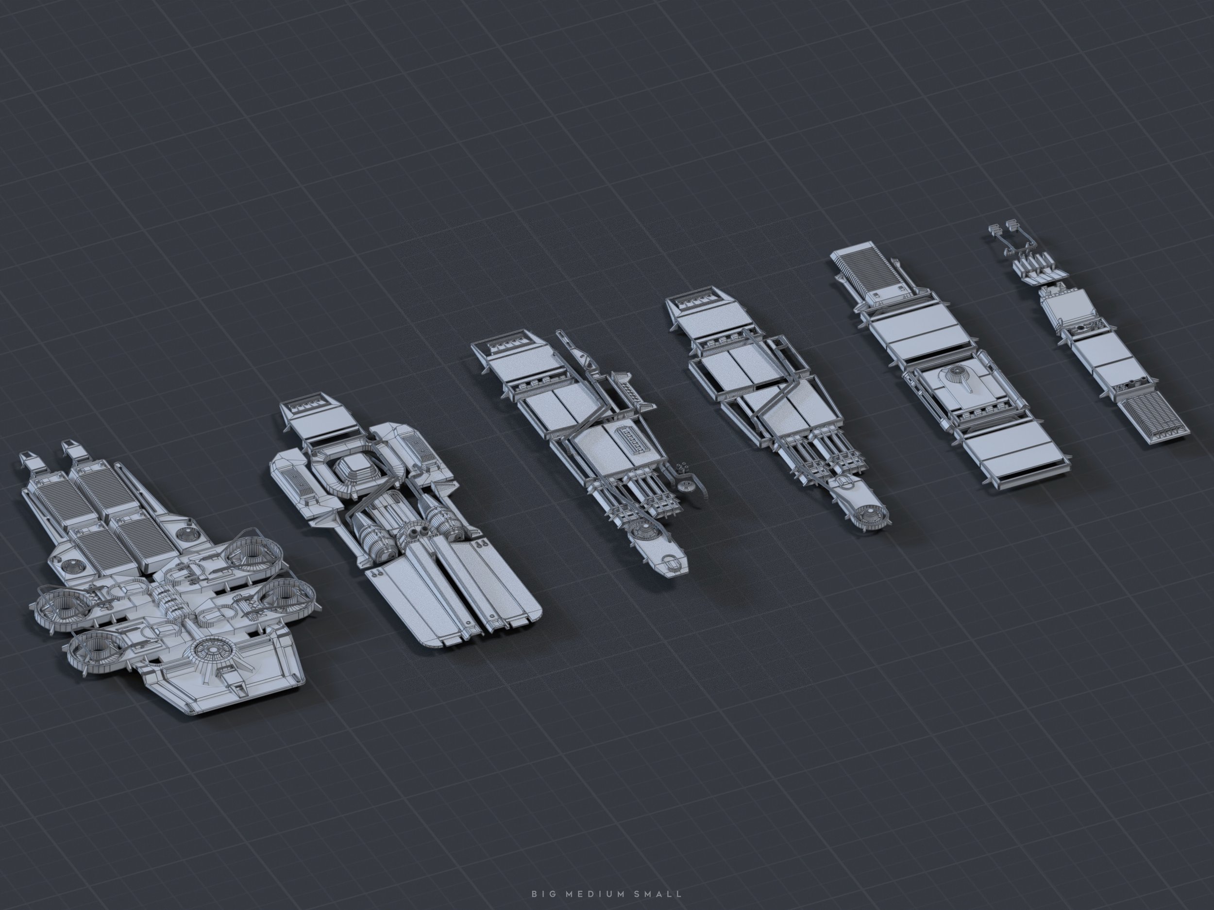 the image showcases a series of seven spaceship models in a wireframe rendering.  the ships are arranged from largest to smallest, clearly illustrating a progression in size and perhaps functionality. the largest ship is complex with multiple sections and propulsion systems.  the smaller models show a simplification of the design,  likely reflecting different scales or versions within the same design family. the background is a dark gray grid, providing a clean, technical aesthetic. the text "big medium small" is subtly placed at the bottom, explicitly labeling the size variations. the overall style suggests a concept art piece for a science fiction game or film.