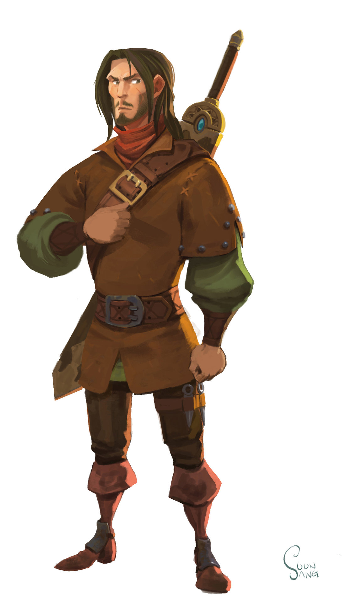 a digital painting of a male fantasy character standing against a white background. he has long brown hair, a beard, and wears brown and green clothing typical of a ranger or adventurer. he carries a sword strapped across his back and a dagger on his belt. he has a serious expression on his face.