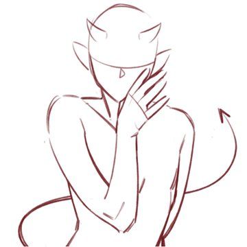 this image is a line drawing of an anime character, a demon, that is holding its hand to its face with a confused expression.  it is an example of a pose reference, a common practice in drawing and sketching, with a focus on dynamic and interesting poses.