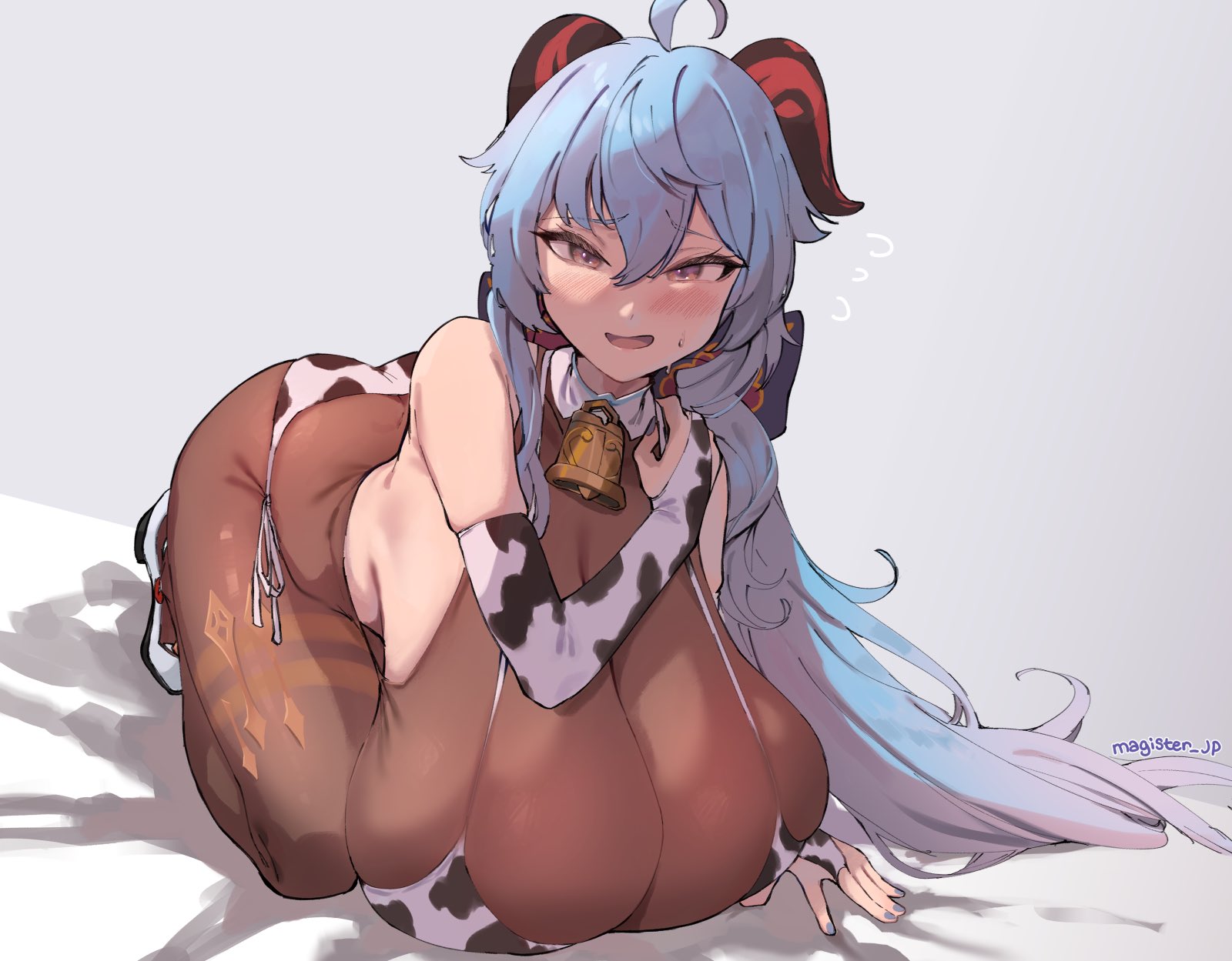 the image is a digital illustration of an animestyle female character. she has long, light blue hair and is dressed in a cowthemed outfit consisting of a brown bodysuit with white cowprint accents and a small cowbell around her neck. her pose is suggestive,  with her body curved and her gaze directed towards the viewer. she appears to be blushing, contributing to an overall cute yet subtly sensual expression. the art style is soft and detailed, with a focus on the character's expression and body. the background is simple and uncluttered, drawing attention solely to the character.  the artist's signature "magister_up" is visible in the lower right corner.