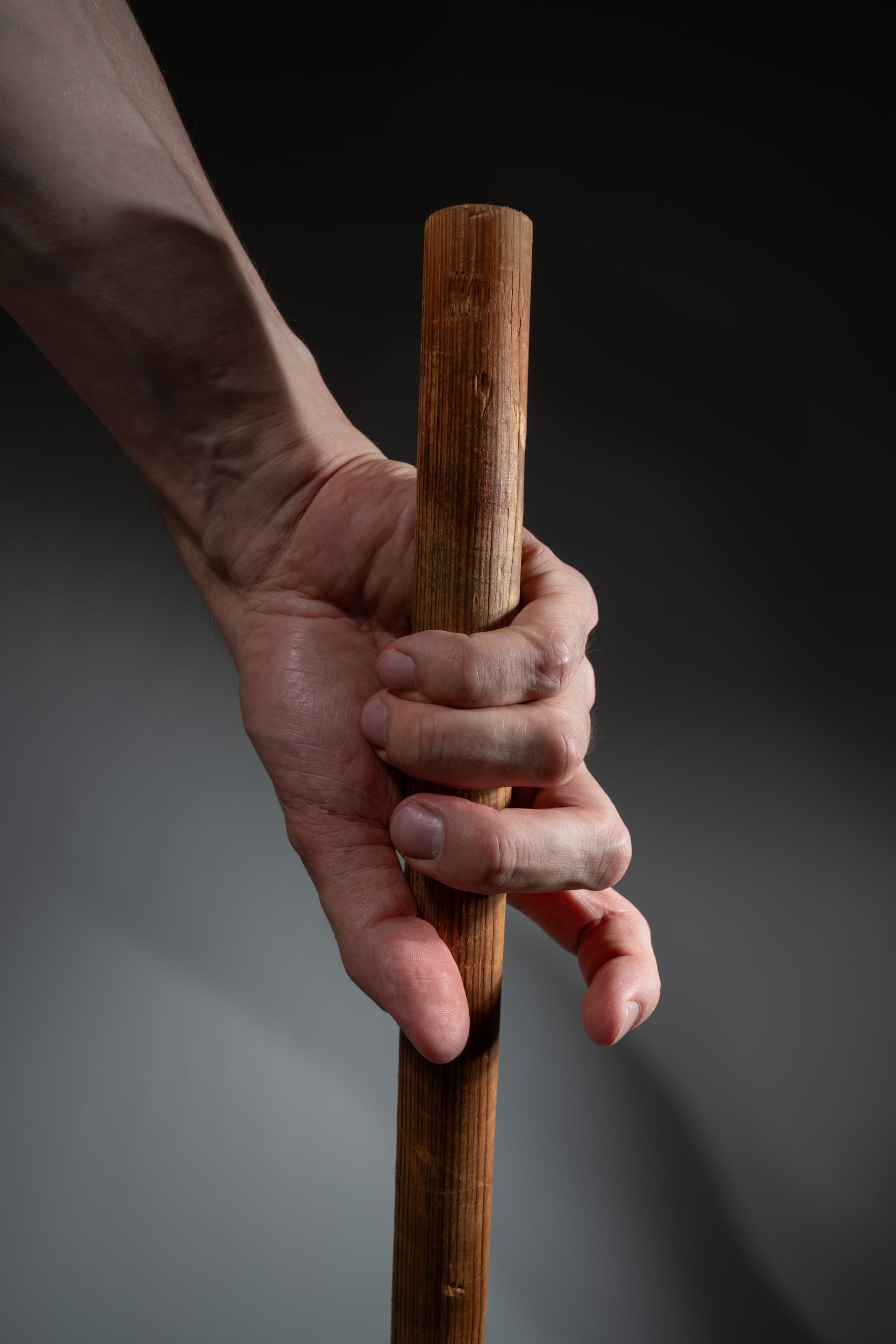a man's hand tightly grips a weathered wooden stick against a softly lit, neutral background. the image emphasizes the texture of both the hand and the wood, highlighting the strength and age implied by both.