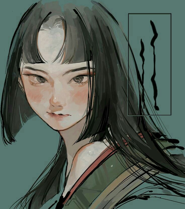 an anime style portrait of a young woman with black hair, bangs, and blushed cheeks, set against a green background. she is wearing traditional clothing, and the image is done in a sketchlike style with visible lines. there's a rectangular frame with black lines in it.