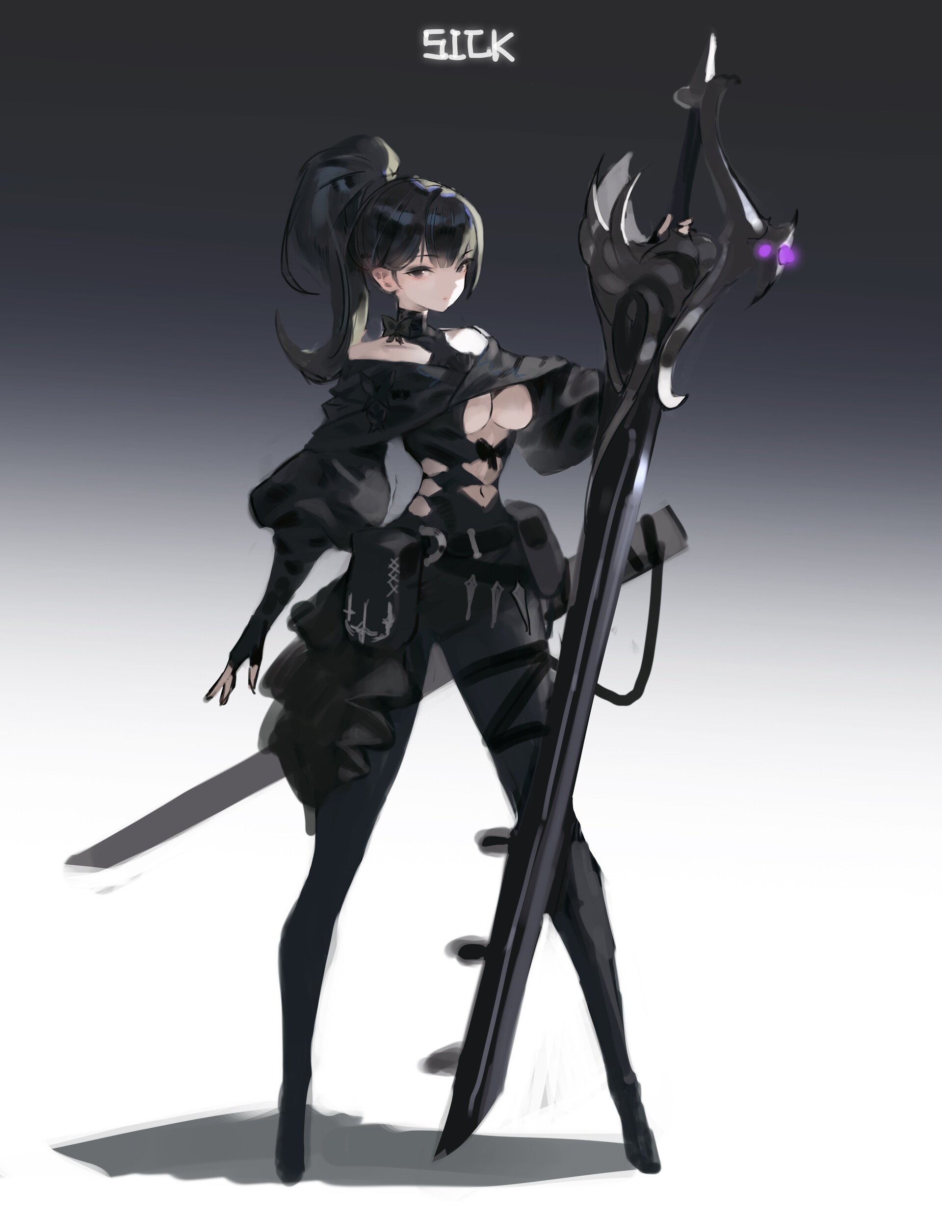 an animestyle drawing shows a female character in a dark outfit standing and holding a large, stylized sword. she has a ponytail and wears a black outfit with cutouts, gloves, and thighhigh stockings. a smaller sword is at her side. the background is a gradient of dark gray. the word "sick" is at the top of the image in a pixelated font.