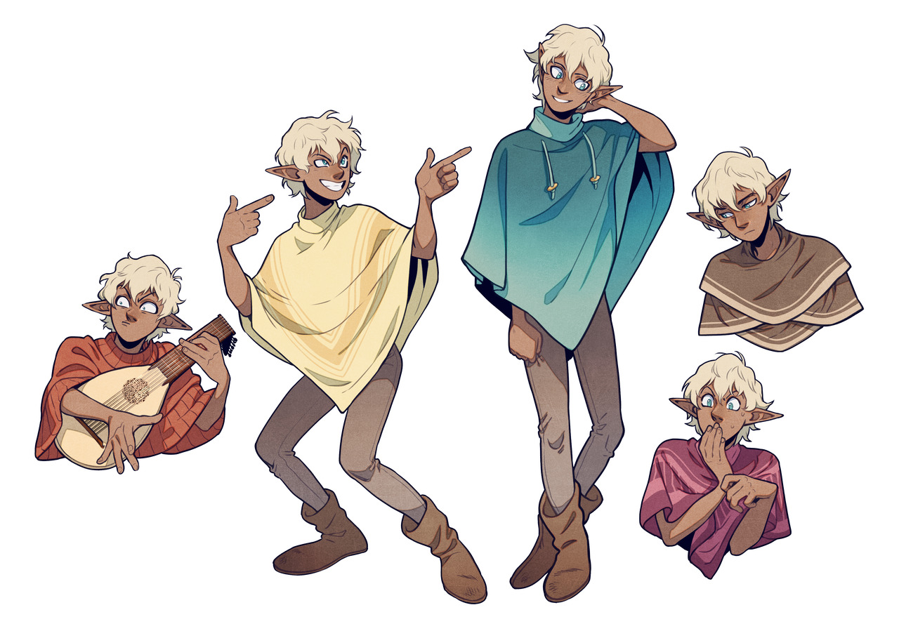 the image shows a digital illustration of a blonde elf with pointed ears in four different poses. he is wearing various tunics and leggings, along with brown boots. in the bottom left corner, he is depicted playing a lute. in the top left corner, he points to his left with a joyful expression on his face. in the center, he stands confidently with one hand on his hip. in the top right corner, he is shown from the shoulders up with a stoic expression. in the bottom right corner, he is shown again from the shoulders up, but this time covering his mouth as if he is privy to a secret.  the overall style of the illustration is cartoonlike, with exaggerated features and bright colors.