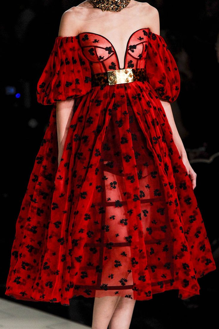 loseup shot of a model on a runway wearing a stunning red dress. the dress features offtheshoulder puff sleeves, a sheer overlay with a delicate floral print, and a structured corset bodice accentuated by a gold belt.  the overall style is high fashion and elegant. the model's neck is adorned with a statement necklace. the background is dark and blurred, focusing attention on the dress.