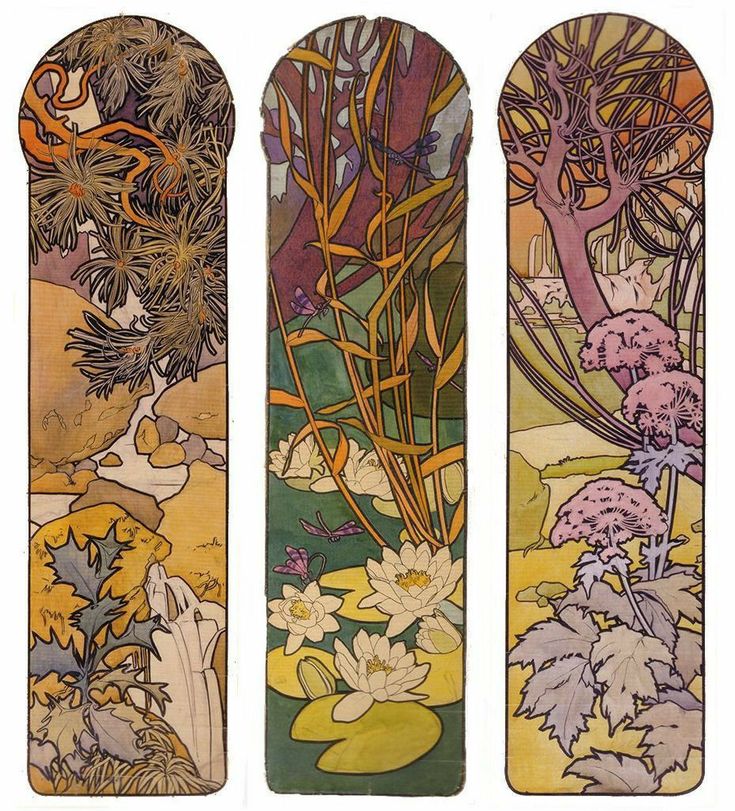 the image shows a triptych (threepart artwork) in the art nouveau style, reminiscent of the work of alphonse mucha.  each panel depicts a different stylized natural scene in a vertical format with an arched top.  the left panel features a pine tree and cascading water over rocks. the center panel portrays water lilies and dragonflies in a pond with tall grasses. the right panel displays a stylized landscape with unique plants and a tree in the background. the colors are muted and earthy, using yellows, greens, purples, and browns. the lines are flowing and organic, characteristic of art nouveau. the overall style suggests it could be a design for stained glass, a poster, or a decorative panel.